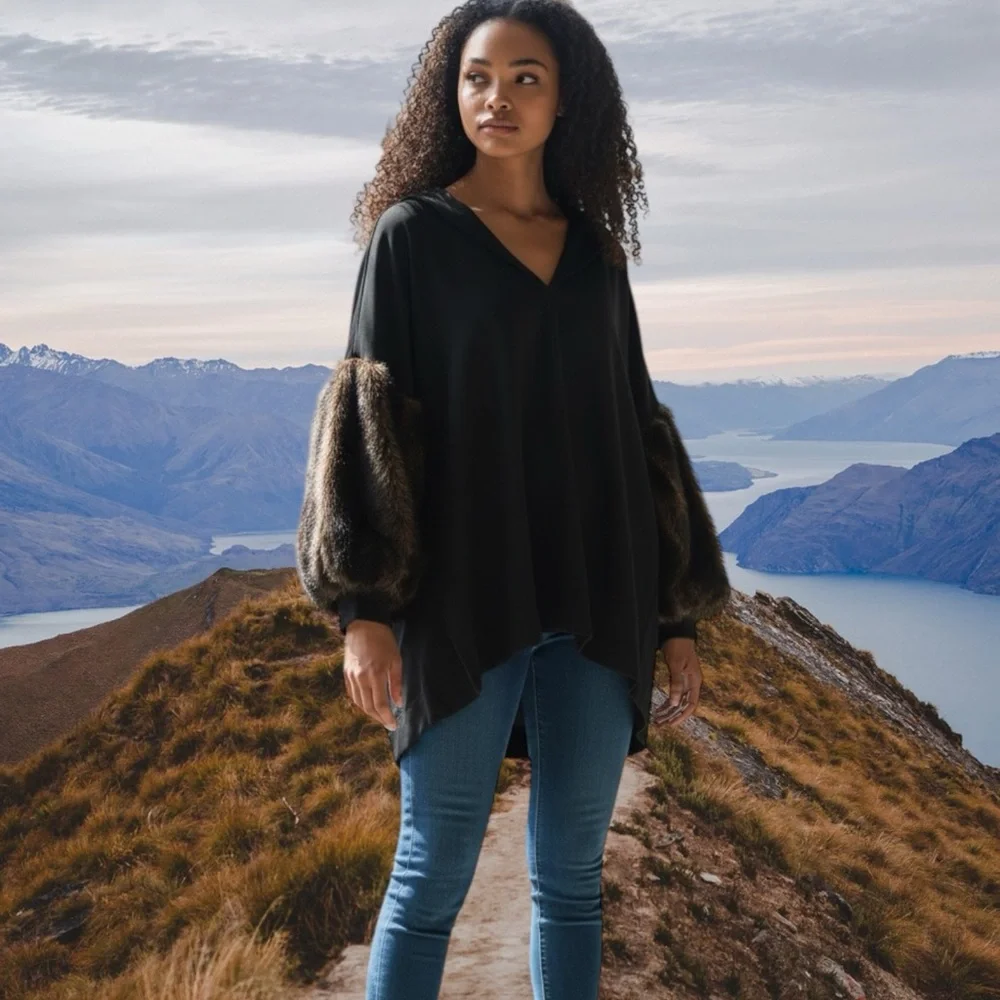 Vintage style Zara Black V-Neck Tunic with Faux-Fur Brown Balloon Sleeves - Picture 5 of 12